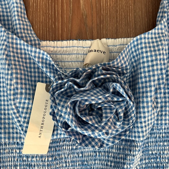 Anthropologie Maeve Blue Checkered Mini Dress with Floral Accent - Picture 2 of 3